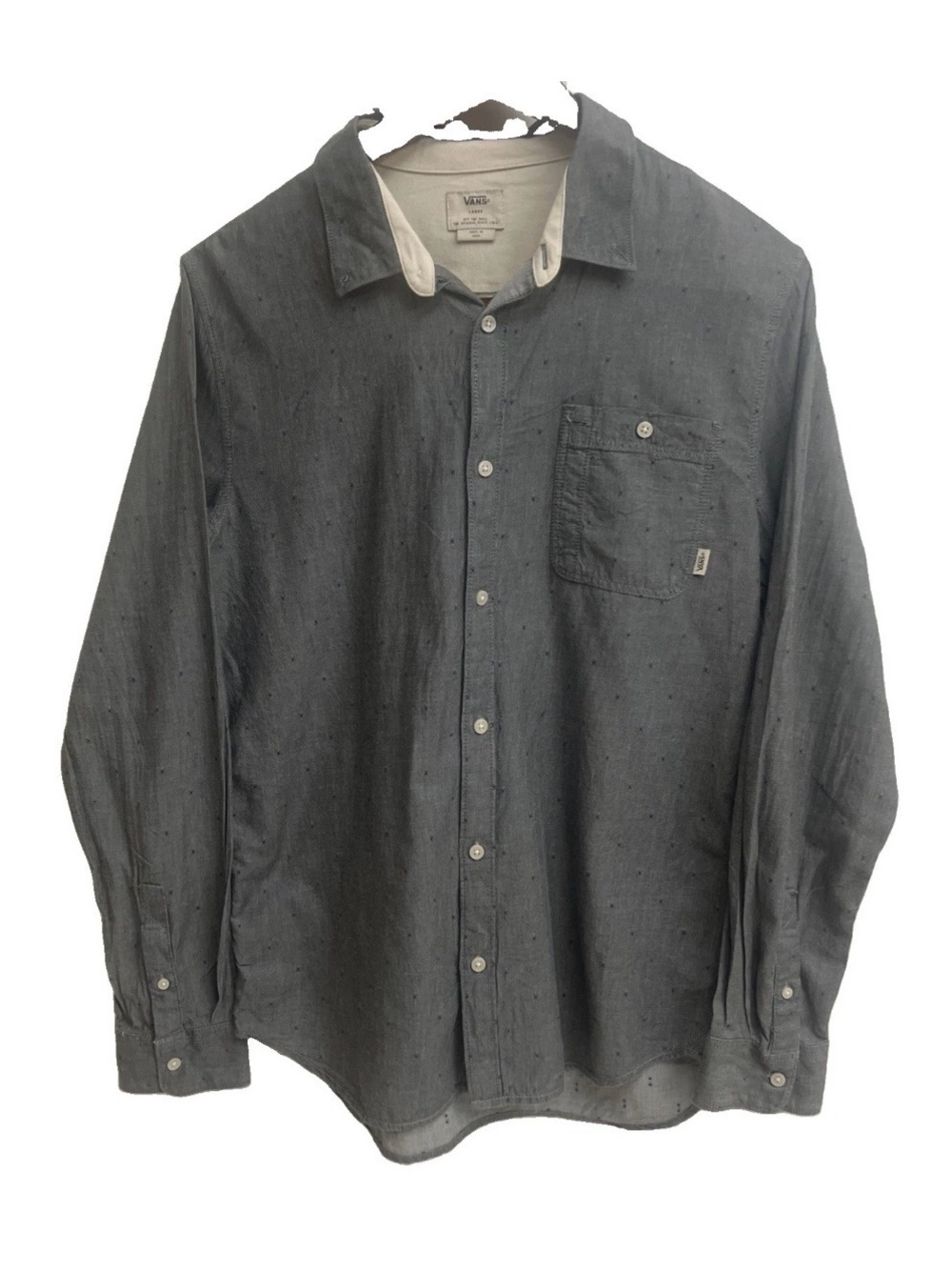 Vans Off The Wall Men Large Button Up Long Sleeve Gray Chambray Dobby Dot Shirt